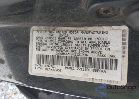 2003 Toyota Corolla S z USA, uszkodzony, nr VIN 1NXBR32E93Z131204